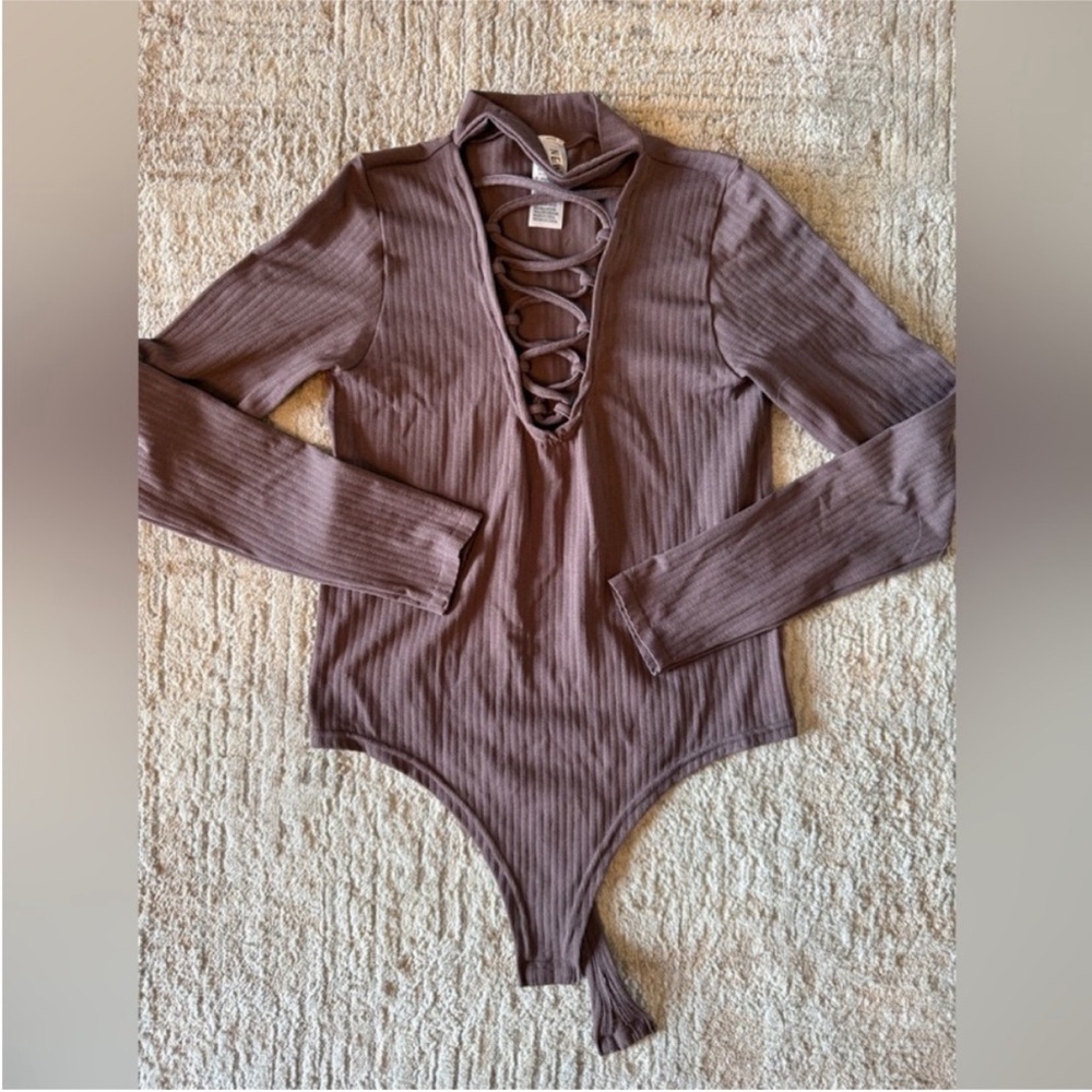 Long Sleeve Ribbed Bodysuit with Lace-Up Front